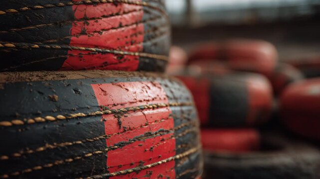 32Detailed close-up of intertwined red and black tire stacks standing firmly beside the circuit, visible stitching, scuffs, and compressed rubber marks, rugged track surroundings add
