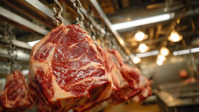 33Close-up of beef sides suspended on hooks, overhead fluorescent lights illuminating marbled textures and metallic rails, emphasizing large-scale industrial meat processing