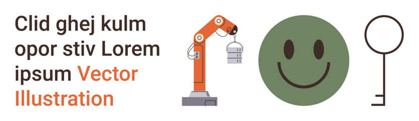 Fototapeta premium Artificial intelligence, industrial automation, emotional intelligence, security, digital art, and modern design. Robotic arm, happy face and key icons with placeholder text. Industrial automation