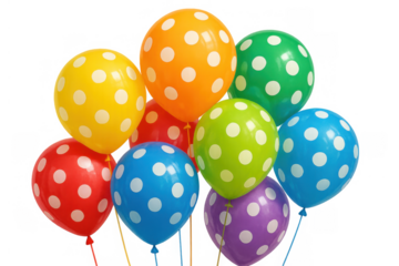 Colorful polka dot balloons floating, celebrating birthday parties, fun events, or festive design elements with transparent background