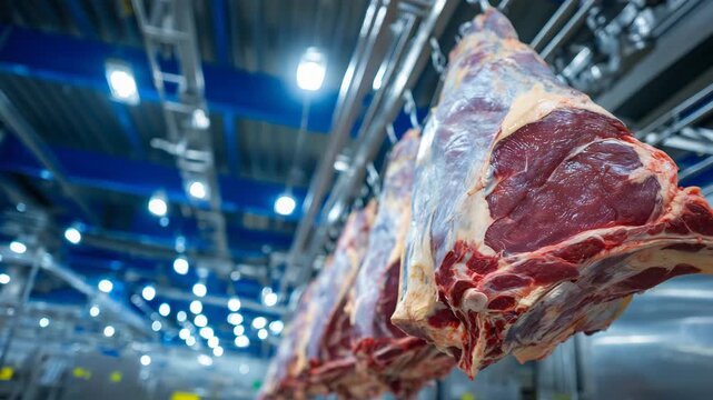 36Industrial meat plant interior with beef carcasses suspended in a refrigerated chamber, metal hooks and rails reflecting bright fluorescent lights, cold and sterile environment emp