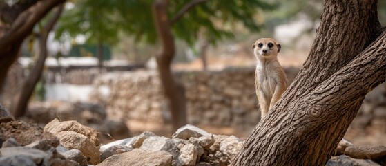 Meerkat stands alert in the desert landscape under the bright sun watching for danger while surrounded by rocks and trees