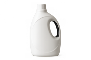 White plastic bottle with handle for liquid laundry detergent or household cleaner. Isolated mockup for product branding