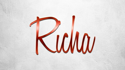 Red 3D text effect of Hindi name Richa on silver background.
