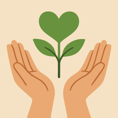Minimalist flat vector of hands holding heart shaped plant sprout seedling