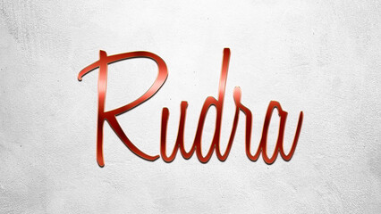 Red 3D text effect of Hindi name Rudra on silver background.