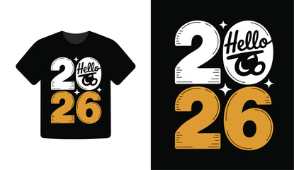 Black t-shirt mockup with white and gold Hello 2026 textured typography design