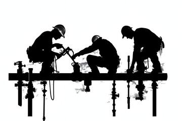 Obraz premium Engineers at Work: Silhouette view of diligent engineers, collaboratively engrossed in essential tasks, meticulously focused on the infrastructure.