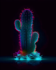 Vibrant Neon Cactus Art: Glowing Pink and Blue Desert Plants on Reflective Dark Surface