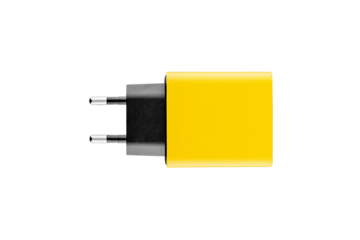 adapter for charger with USB and Type C connector, yellow, on isolated or white background close-up
