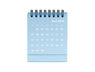 Desktop calendar for June 2026 in blue colour. Mini planner for business and finance, spiral view on isolated white background close up.