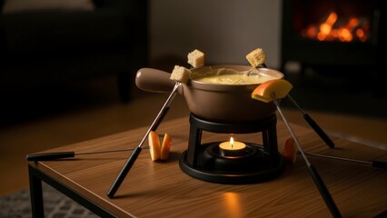 Cozy evening with a traditional cheese fondue by the fireplace.