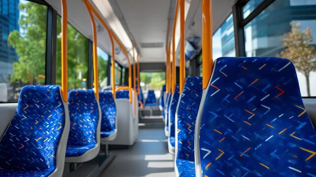 47Forward interior scene of a completely empty public bus, polished floor leading to the front, blue geometric seat patterns vivid and clean, bright orange poles stretching overhead,