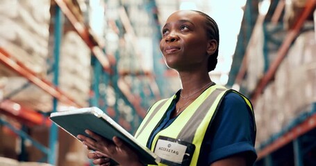 Shipping, tablet and thinking with black woman in warehouse for inventory, research and delivery. Inspection supervisor, online checklist and logistics with person in factory for idea and vision - Powered by Adobe