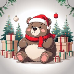 adorable fat bear sitting and hugging a gift box