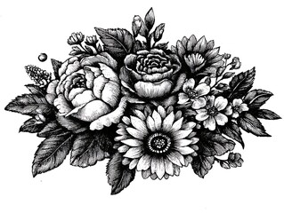 Monochrome illustration of assorted detailed floral arrangement against a white background
