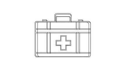 Monochrome outline of a first aid kit, featuring a cross on the front