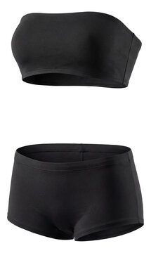 Two-piece black athletic swimsuit featuring a bandeau top and boyshort bottoms.