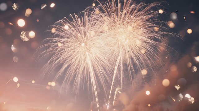 Bright golden fireworks exploding in the night sky with light bokeh effects