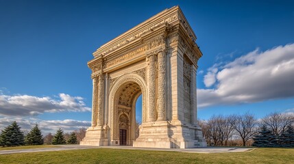Monumental stone archway bathed in sunlight against a blue sky with fluffy clouds