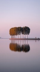 Morning scene a row of trees on a small island reflected in the still water