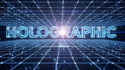 Holographic digital art with glowing blue grid background