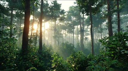 Morning sunlight filters through tall trees in a lush, green forest, creating a serene atmosphere