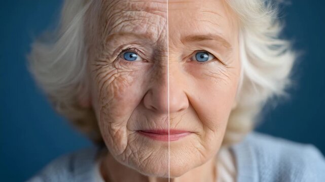 55Split-face portrait of a woman, one side showing deep wrinkles, age spots, and sagging skin, the other side smooth, firm, and youthful, dramatic studio lighting highlighting the co