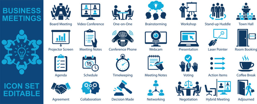 Business Meetings and Corporate Collaboration solid icon set containing icons for Board Meeting, Video Conference, Brainstorming, Workshop, Presentation, and Negotiation for office management