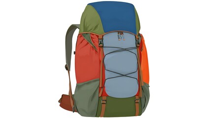 Multi-colored large backpack with multiple pockets, straps, and adjustment buckles