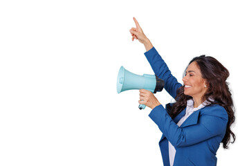 Businesswoman talking megaphone, making announcement, pointing up, leader communicating message on...