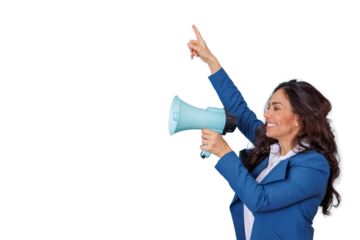 Businesswoman talking megaphone, making announcement, pointing up, leader communicating message on transparent background