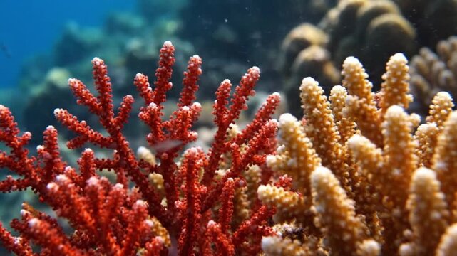 Vibrant red and orange coral reef thriving underwater with a fish