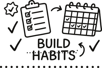 Hand-drawn checklist and calendar illustrating habit tracking and goal management