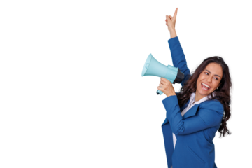 Businesswoman making important announcement with megaphone, pointing finger up, offering a great deal