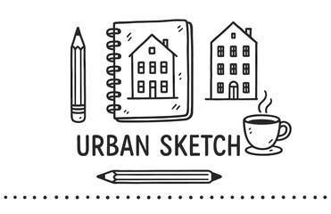 Obraz premium Urban sketching essentials: notebook, pencil, coffee, and architecture drawing