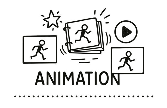 Animated stick figure sequence with play button and star icon