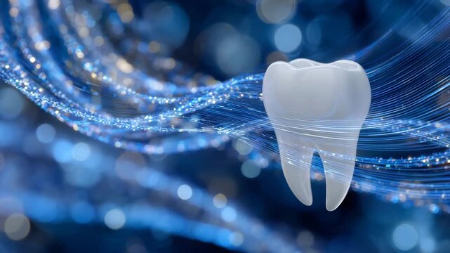 61Close-up 3D-rendered white tooth illuminated by spiraling beams of light, shimmering curves wrapping around the enamel, vibrant electric-blue backdrop with gentle bokeh texture