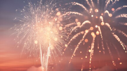 Bright multicolored fireworks exploding against a twilight sky with golden and pink hues