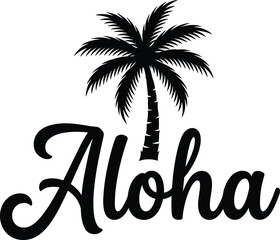 Aloha typography with palm tree silhouette, tropical island greeting design, summer vacation vector illustration, isolated white background © MdAbdul