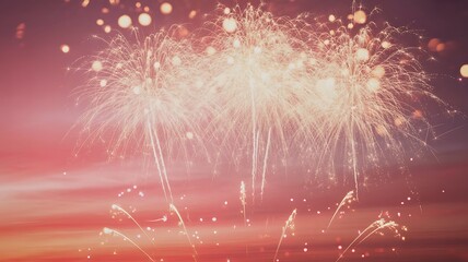 Bright multicolored fireworks exploding in the night sky with golden and pink hues explosion