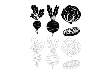 Artistic black and white graphic representations of root vegetables like beets and cabbage, presented in both detailed line art and bold silhouette styles for culinary and agricultural themes.