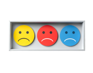 Three primary-colored sad faces sit in a white rectangular frame