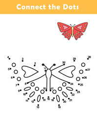 Dot to Dot Worksheet for Kids. Connect the dots to draw a cute butterfly. Illustration of butterfly. Coloring page.	