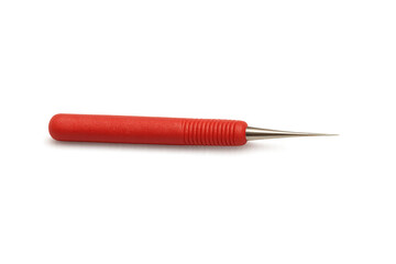 Awl tool with red handle for leather crafting