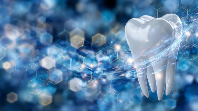 64Futuristic dental-themed composition, white tooth with rotating luminous energy bands, blue scientific background with hexagonal patterns and soft light refractions
