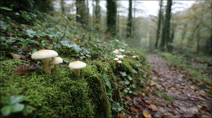 Mushrooms in focus, foreground green moss, path leading into blurred distance of woodland