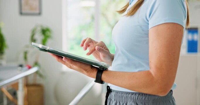 Physiotherapy, scroll and hands of woman on tablet for medical service, research and appointment. Healthcare, physical therapy and person on digital tech for patient records, website and planning