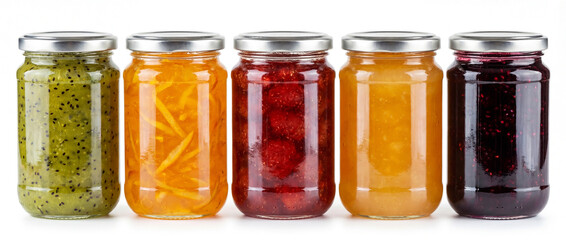 Five glass jars filled with jams and marmalade made from kiwi, orange, strawberries, quince, and blackberries