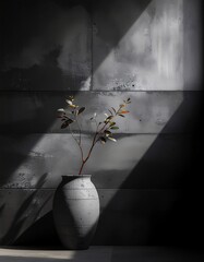 Textured vase with a plant branch bathed in sunlight on a dark wall